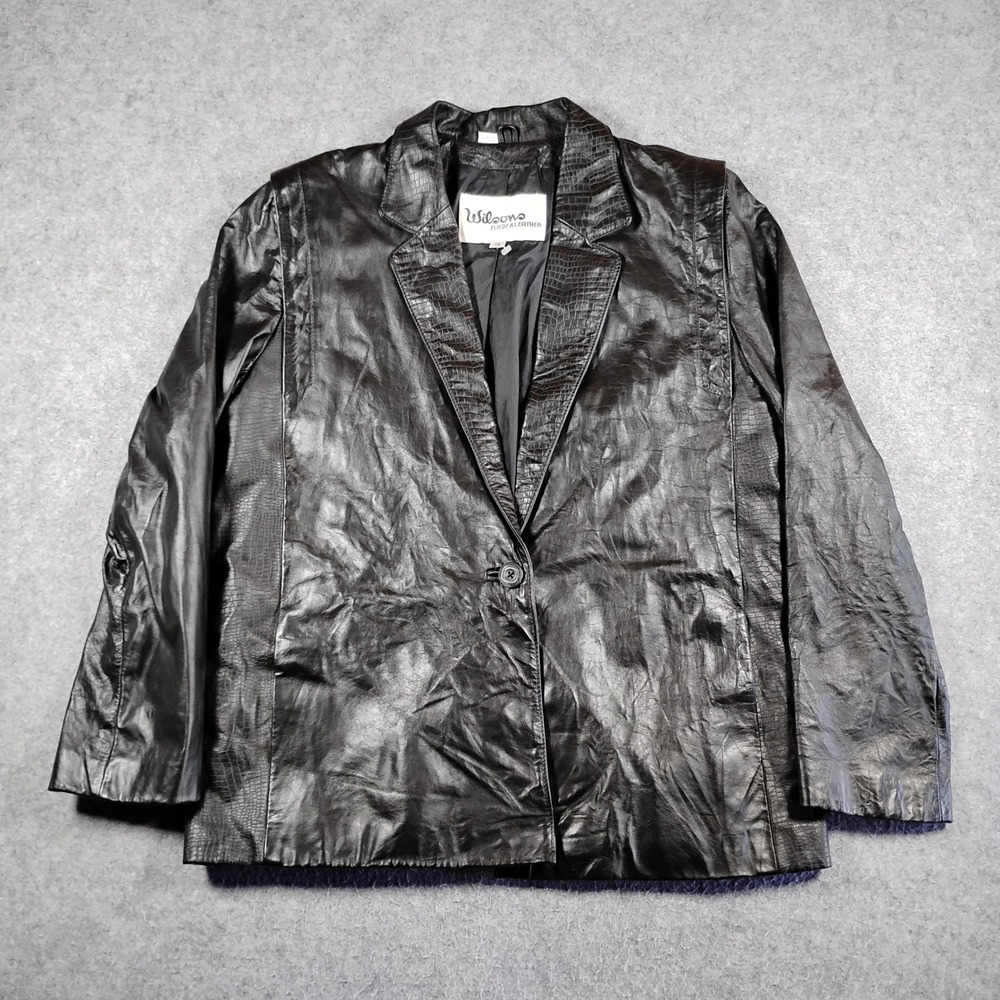 Wilsons‎ Leather Blazer Jacket Womens 12 Black Crocodile Trim Vintage 90s